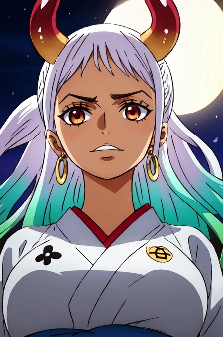 1girl, yamato_5000, white hair, green hair, gradient hair, horns, wanostyle, ring earrings, ((masterpiece)), ((best quality)), extremely detailed, bloom, kimono, traditional clothing, depth of field, sketch, dark intense shadows, sharp focus, soft lighting, darkness, good composition, solo, outdoors, night, from below, upper body, <lora:wanostyle_2_offset:0.8>