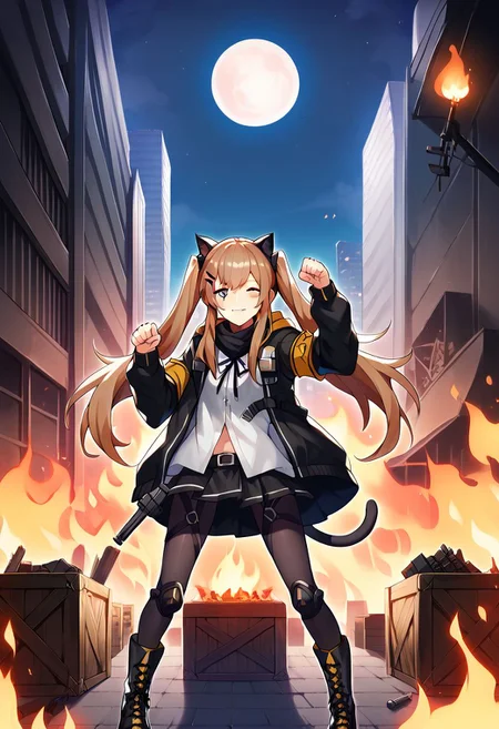 score 9, score 8 up, score 7 up, detailed background, shiny skin, <lora:ump9.pony:1>, ump9, def, human, outdoors, city, burning city, night, moon, cat ears, paw pose, explosives, crate with explosives, flames,