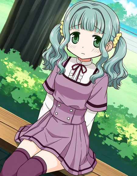 masterpiece, best quality, newest, absurdres, highres, safe, 1girl, futaba sana \(school uniform\), magia record: mahou shoujo madoka magica gaiden, thighhighs, solo, sitting, outdoors, dutch angle, <lora:futaba_sana_noobaiXLNAIXL_vPred10Version:0.7>