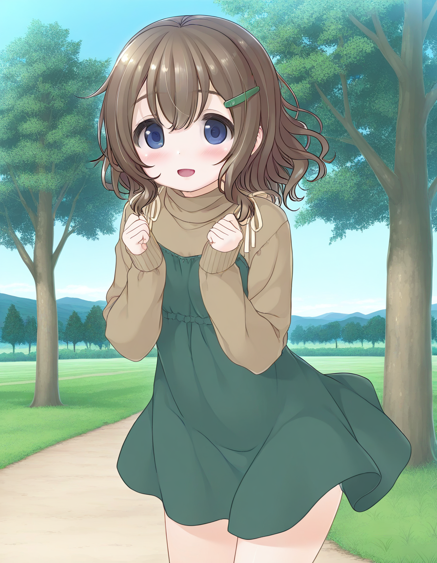 general,highres, ultra-detailed,very aesthetic,best quality ,best hands,  BREAK <lora:Fukami_Nonoka_IS:1> FukamiNonoka, 1girl,solo, bangs, medium hair, brown hair, hairclip, blue eyes, smile, open mouth,
FukamiNonoka, solo, blush, dress, looking at viewer, long sleeves, parted lips, hair between eyes, green dress, cowboy shot, clenched hands, turtleneck, 
sweater, hands up, sleeves past wrists, sleeveless dress, standing, open mouth, 
grass, sky, day, spring, tree,