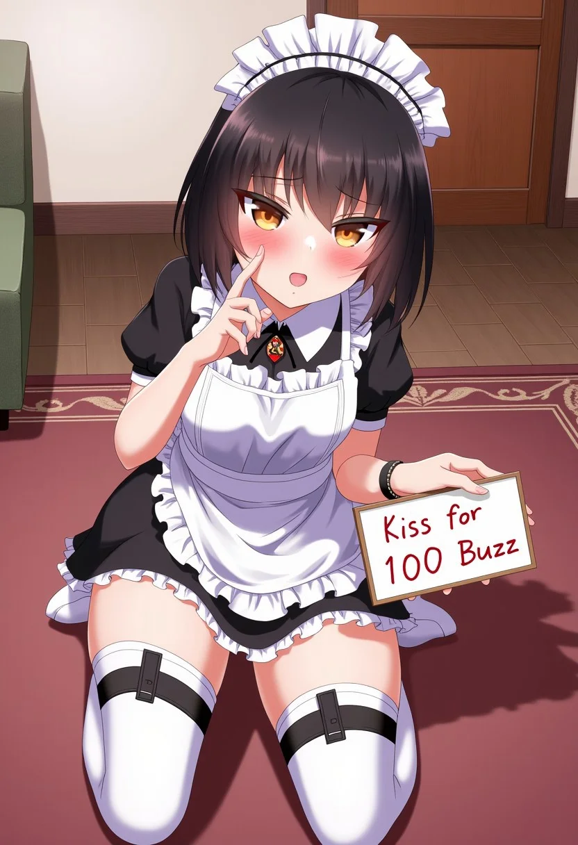in the style of m-da_s-tarou, A beautiful woman kneeling on the ground of a living room. She has short black hair styled in a bob cut, amber eyes, and appears to be wearing a maid uniform with thighhighs and a maid headdress. The woman is crying while facing the viewer, holding a sign that says "Kiss for 100 Buzz", An illustration in the style of m-da_s-tarou