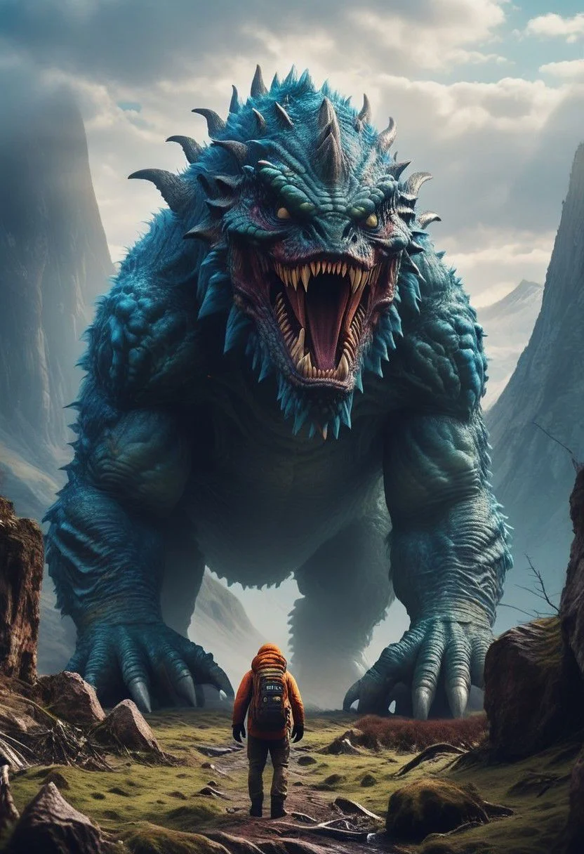 (Titan Monster in landspace :1.0), montains, high quality, detailed background, 8k,35mm , giant out of focus background, detailed face, detailedeyes,