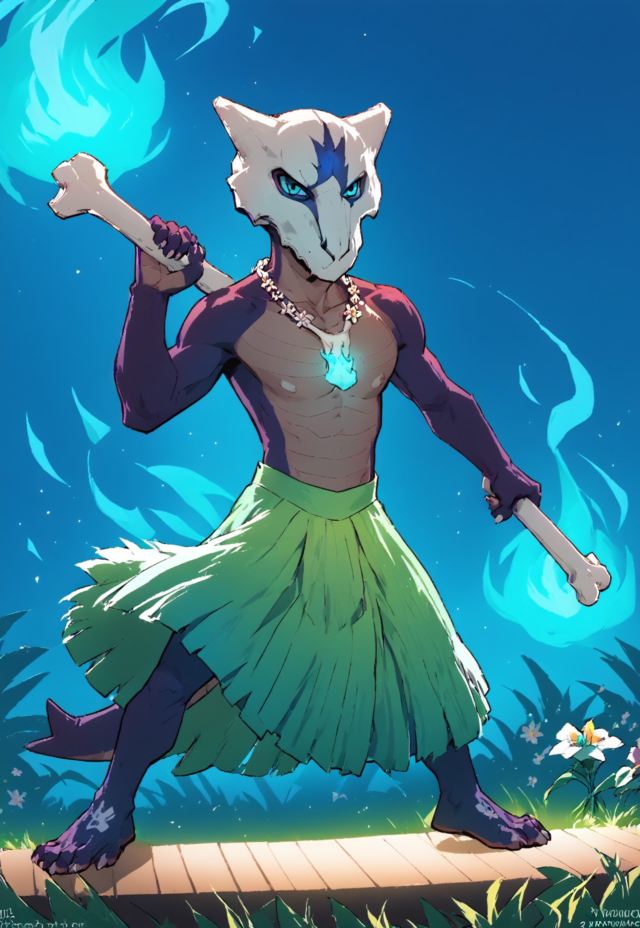 score_9, score_8_up, score_7_up, intricately detailed, 
source_furry, sfw, male focus, solo, 1boy, anthro, alolan_marowak, fierce eyes, skull, (performer, clothing, grass skirt, male grass skirt, Flower Lei Necklace, blue flame, holding a bone), Hawaii, performance, ((stage, on stage)), outside, palm trees, city in background, cinematic lighting, night, dark, beach, full-length portrait:1.5