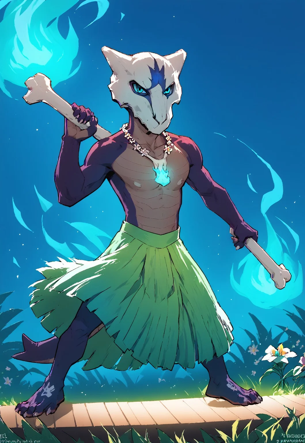 score_9, score_8_up, score_7_up, intricately detailed, 
source_furry, sfw, male focus, solo, 1boy, anthro, alolan_marowak, fierce eyes, skull, (performer, clothing, grass skirt, male grass skirt, Flower Lei Necklace, blue flame, holding a bone), Hawaii, performance, ((stage, on stage)), outside, palm trees, city in background, cinematic lighting, night, dark, beach, full-length portrait:1.5
