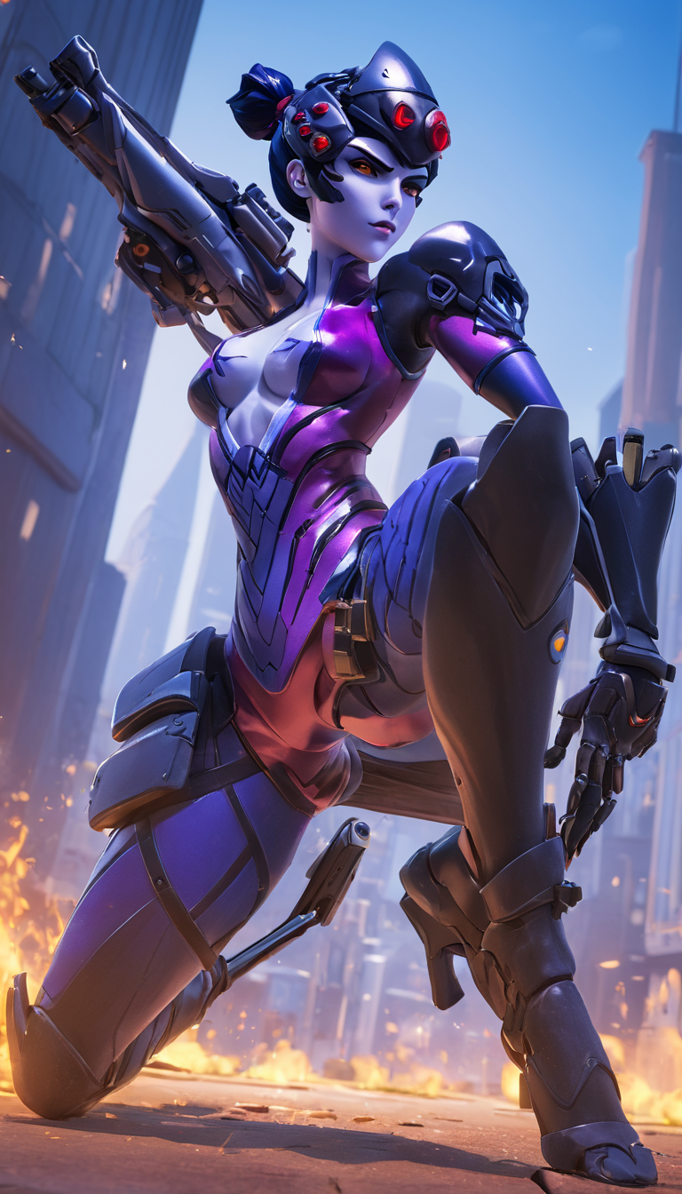 breathtaking Cinematic scene, hero view, Widowmaker, Overwatch <lora:widowmaker_xl_v1:1>, action pose, detailed background, masterpiece, best quality, high quality, absurdres . award-winning, professional, highly detailed