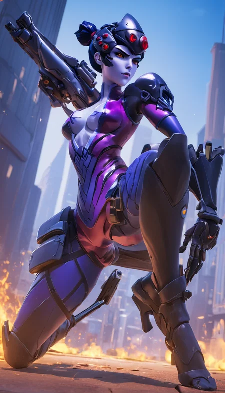 breathtaking Cinematic scene, hero view, Widowmaker, Overwatch <lora:widowmaker_xl_v1:1>, action pose, detailed background, masterpiece, best quality, high quality, absurdres . award-winning, professional, highly detailed
