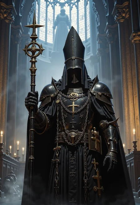 A dark, imposing figure stands in a grand, dimly lit cathedral. This character wears intricate, gothic black armor adorned with gilded crosses and chains, giving a religious yet ominous presence. The helmet is tall, almost bishop-like, with a faceless visor that reflects no light, enhancing the aura of mystery. The figure holds a menacing staff, topped with a spiked, circular cross design, which looks both ceremonial and weaponized. The armor details include ornate engravings and mechanical components, blending medieval design with a futuristic, almost steampunk aesthetic. The atmosphere is solemn, with a faint, ethereal glow from high cathedral windows casting cold light onto the dark figure, emphasizing the contrast between shadow and metallic details. <lora:sxz-Dark-Fantasy-v2-Flux.safetensors:1.0>,