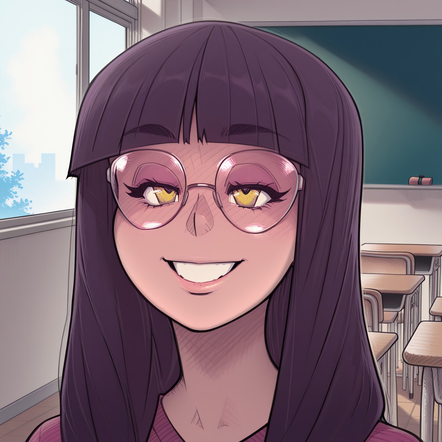 {{masterpiece, best quality, perfect face,}}, {{{{insiede, classroom, private, window, chalkboard, desk, chairs}}}}, {{{absurdres, HDR, extremely details CG,}}},

melkor_style,

1girl, solo, smiling, happy,

_h4nn4h_, black hair, bangs, blunt bangs, long hair, yellow eyes, glasses, round eyewear,

<segment:girl's face,0.3,0.3//cid=1>
{{{{extremely_beautiful_detailed_anime_face_and_eyes, source_anime,}}}}
