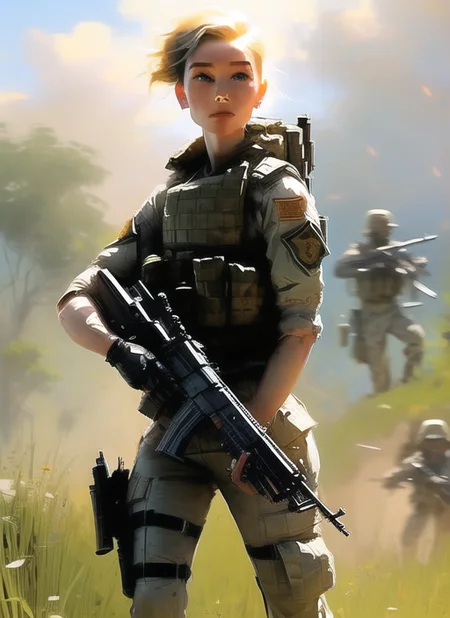 samdoesarts;  an image of woman with short blonde hair, with military gear, cargo pants, (intricate), (detailed), digital art,  dynamic pose, in a battlefield  by Jeremy Mann, matth�us merian the elder, Pino Daeni, robert rauschenber, by beksinski