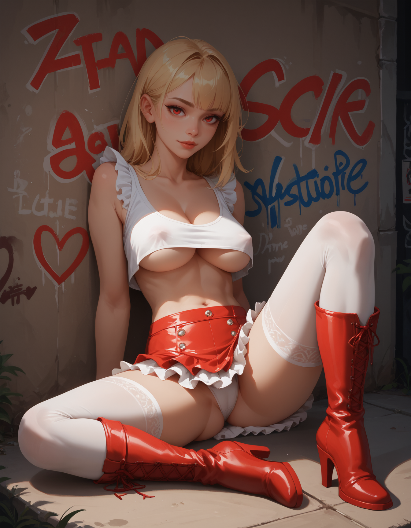score_9, score_8_up, score_7_up, score_6_up, score_5_up, score_4_up, lineless, woman, blonde hair, bangs, sidelocks, crop top, cleavage, underboob, covered nipples, short ruffled skirt, thigh-high stockings, red high-heel boots, sitting leaning against graffiti-covered wall, (masterpiece, best quality, amazing quality), ultra-detailed, high resolution