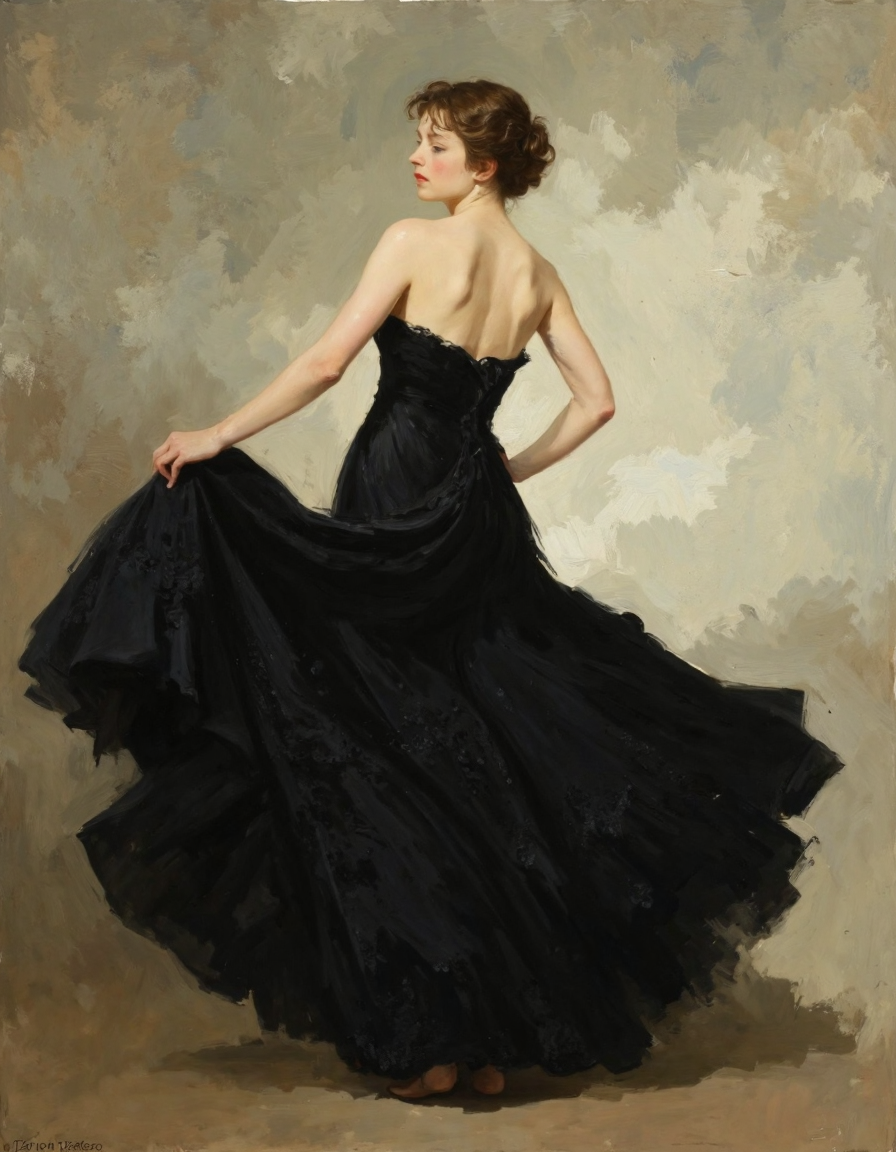 A beautiful woman in an elegant black dress, with her head turned slightly to the side and looking back at us. The gown is adorned with intricate lace details that contrast beautifully against its dark color. She has one hand on her hip as she twirls around, creating dynamic movement within the composition. Her hair is styled up, adding elegance to her overall appearance. This painting captures the essence of classic beauty through its use of soft lighting and rich colors, in the style of Gabriele Dell'otto. 