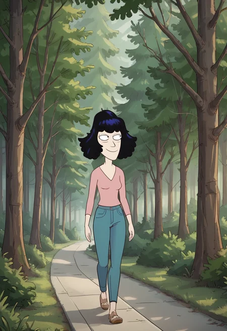 score_9, score_8_up, score_8, <lora:Ms._Frankie_Solar_Opposites_for_PonyXl:0.8> 1girl, msf4nk1e, black hair, solo, smile, blouse, jeans, walking, forest,
