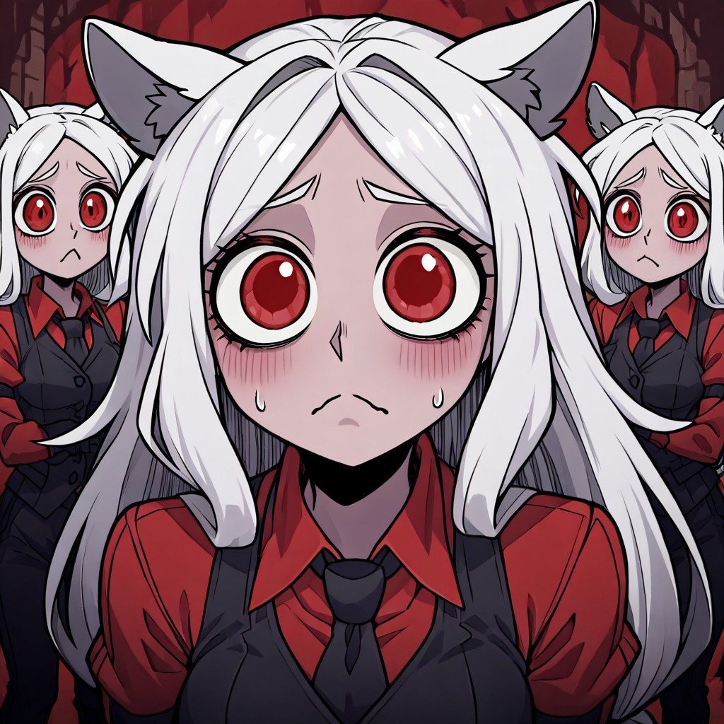 masterpiece, best quality, newest, absurdres, highres, P/PEV1.0, pleading eyes, 1girl, cerberus (helltaker), white hair, animal ears,