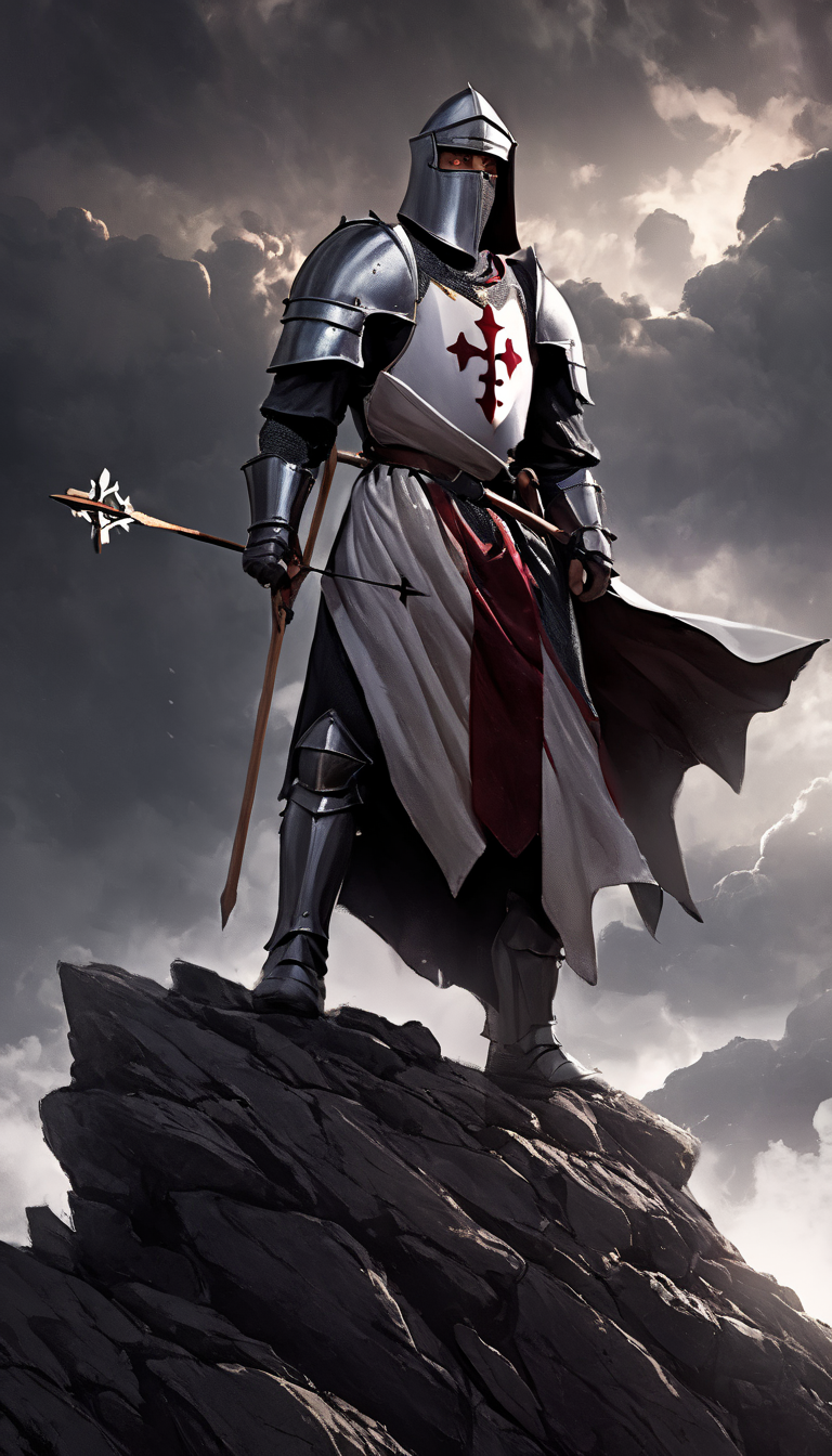 A man dressed in a knight's outfit, including a white cape and a cross on his chest, is standing on a rocky hill. Holding a crossbow, ready to defend or protect. Dark sky adding a dramatic atmosphere. Cinematic scene, hero view, action pose, detailed background, masterpiece, best quality, high quality, highres, absurdres, Greg Rudkowski <lora:greg_rutkowski_xl_v3:1>