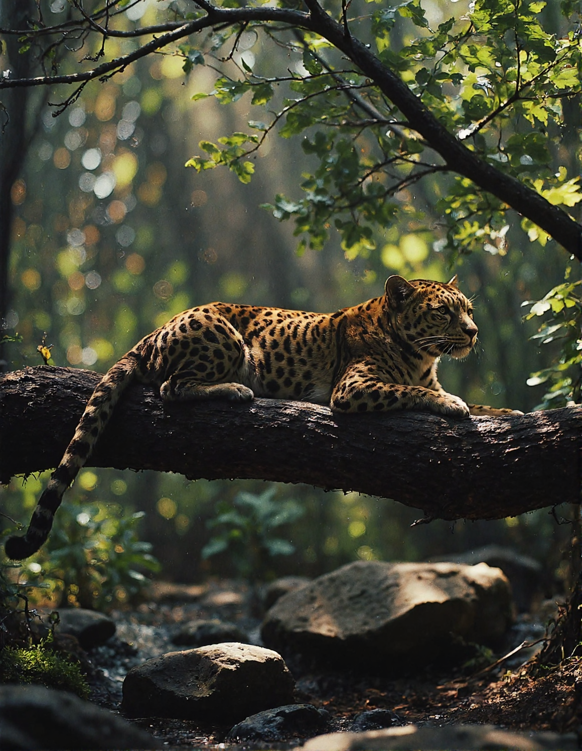 photograph taken in lush jungle lighting.  Picture a leopard with a spotted coat and whiskers, resting lengthwise on a thick, mossy tree branch. The leopard is positioned diagonally across the frame, facing right, with its tail hanging down. Dappled sunlight filters through the green leaves above, creating rim light around the leopard and casting shadows in the dense foliage behind. Below the branch, you can see rocks and more jungle vegetation. The scene is natural and serene, captured with a slightly low angle perspective, <lora:n30nfilm:0.9>, <lora:fluxenhancer:0.5>, <lora:CinematicStyleFlux_v1:0.7>, <lora:FantasyWizardWitchesFluxV2-000001:0.6>