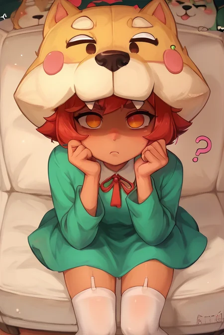 score_9, score_8_up, score_7_up, <lora:shinita:1> shinita , 1 girl , dark-skinned female, red hair, no pupils, green dress, long sleeves, white thighhighs, red ribbon, shaded face, ,dog headwear , confused, looking at viewer, randoseru, heart, <lora:Kittew-4RCH0N:1>4RCH0N