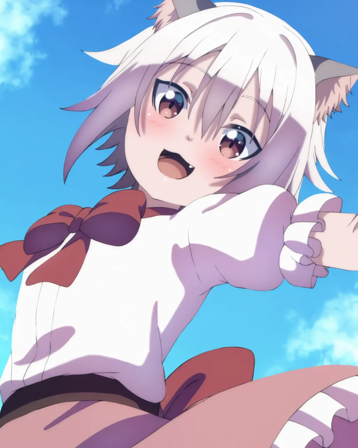 <lora:tamaDM_ill_v10:0.8> tamaDM, white shirt, short sleeves, frilled sleeves, puffy sleeves, puffy short sleeves, bow, frills, red bow, red bowtie, skirt, pink skirt, frilled skirt, looking at viewer, happy smile, open mouth, upper body, blue sky, dancing, blush, from below, fang