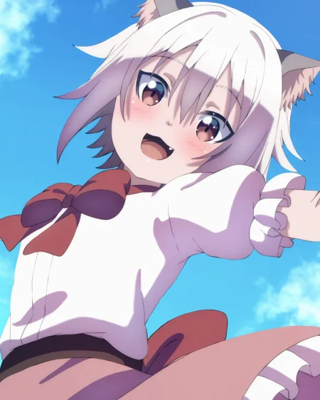 <lora:tamaDM_ill_v10:0.8> tamaDM, white shirt, short sleeves, frilled sleeves, puffy sleeves, puffy short sleeves, bow, frills, red bow, red bowtie, skirt, pink skirt, frilled skirt, looking at viewer, happy smile, open mouth, upper body, blue sky, dancing, blush, from below, fang
