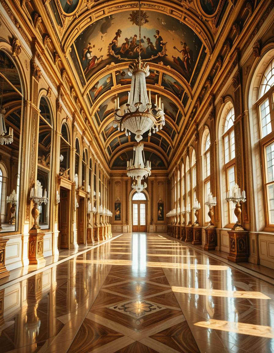 A breathtaking, photorealistic depiction of the Hall of Mirrors (Galerie des Glaces) at the Palace of Versailles in France, captured in golden afternoon light. The hall is grand and opulent, with a high arched ceiling painted with intricate Baroque frescoes. The walls are lined with tall arched mirrors on one side and large arched windows on the opposite side, flooding the space with natural light. Elegant crystal chandeliers hang from the ceiling, reflecting in the mirrors and sparkling with golden highlights. The marble floors are polished and gleaming, with rich, warm tones. Gilded statues and decorative elements frame the mirrors and doorways. The image style is ultra-detailed and photorealistic, with sharp textures and soft, warm lighting creating a majestic, timeless atmosphere. No people present, only the serene magnificence of the empty hall. Camera angle at eye level, centered down the hall, capturing the full length and symmetry of the space.
<lora:SDXLFaeTastic2400:0.4> <lora:extremely_detailed:0.4> extremely detailed,Hall of M1rr0rs, <lora:Hall_of_M1rr0rs-i:1>, Masterpiece,best quality,hi res,8k,hi res,8k,award winning,(sharp focus, intricate, highly detailed),