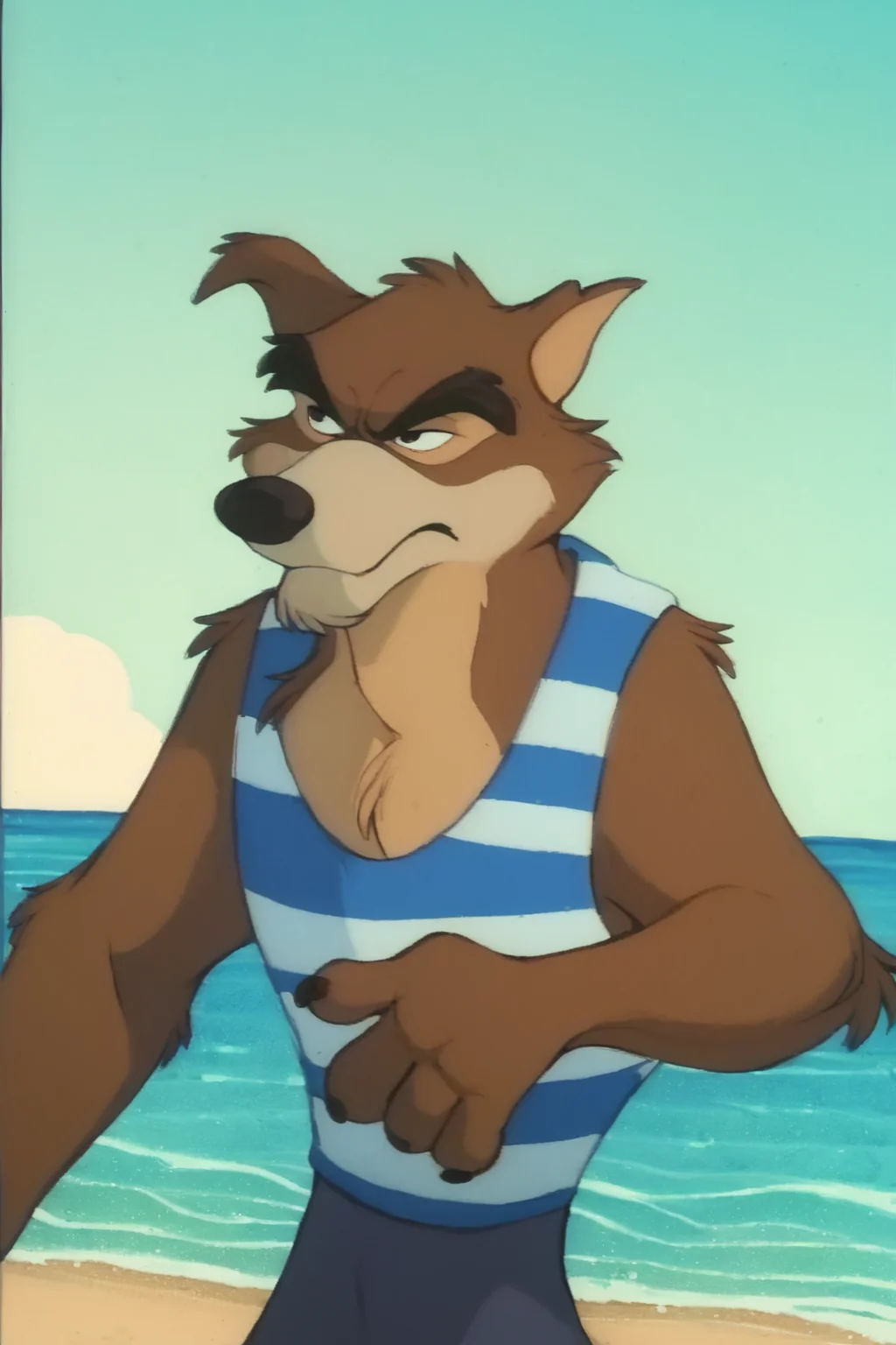 score_9, score_8_up, score_7_up, score_6_up, front view, black eyes, wolf, anthro, furry, brown fur, male, grumpy expression, tank top, boxers, standing, outside, beach background, retro artstyle, traditional media, dramatic lighting<lora:Don_Karnage_Talespin_PonyXL:1> <lora:Disney_Renaissance:1>
