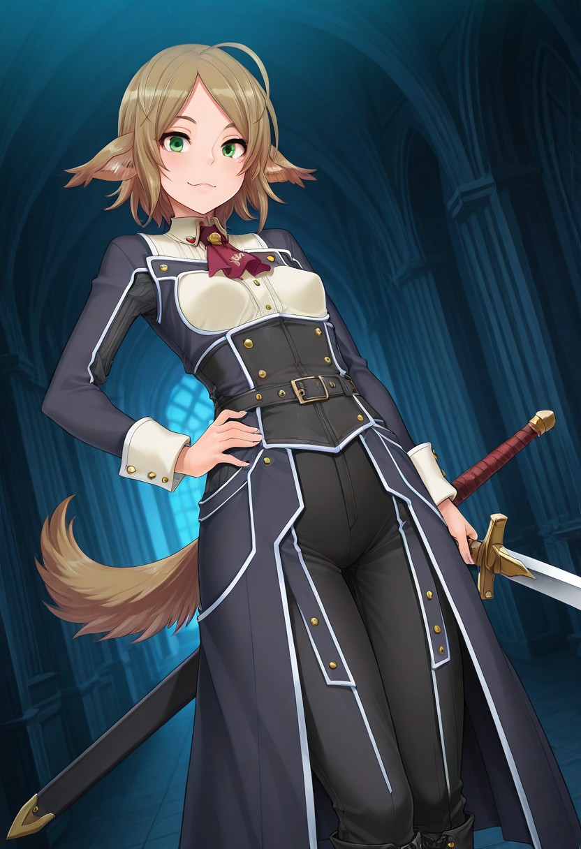 (1girl, solo) noa riads, animal ears, Green Eyes, tail, brown hair, short hair, Pretty eyes, , 1girl, solo,, brown hair,, fluffy tail, ahoge, animal ears, dog ears, small breasts, swept bangs , green eyes, animal ears, tail, , ,
Eye focus , shiny skin, shiny body, shiny hair, (best quality) , (highly detailed) ,((masterpiece)), ((best quality)), (ultra-detailed), ((extremely detailed)), (high resolution), 4K, (8K), best quality, (beautiful), (dynamic lighting), (super detailed skin), sharp focus,detailed eyes、detailed face and detailed skin detailed eyes、detailed face and detailed skin,  , clear skin, shiny hair, ultra detailed eyes, depth of field, sharp, intricate details, hyperdetailed, , 
, best quality, (beautiful), (dynamic lighting)  (standing, 3/4 view), perfect face, beautiful face, defined cheekbones, defined jawline, confident expression, narrow eyes, one hand on hip, perfect hands, black coat with decorative golden symbols, black leather underbust corset, black trousers, black boots, sword, sword on hip,
  ,, shindol style