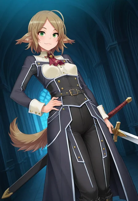 (1girl, solo) noa riads, animal ears, Green Eyes, tail, brown hair, short hair, Pretty eyes, , 1girl, solo,, brown hair,, fluffy tail, ahoge, animal ears, dog ears, small breasts, swept bangs , green eyes, animal ears, tail, , ,
Eye focus , shiny skin, shiny body, shiny hair, (best quality) , (highly detailed) ,((masterpiece)), ((best quality)), (ultra-detailed), ((extremely detailed)), (high resolution), 4K, (8K), best quality, (beautiful), (dynamic lighting), (super detailed skin), sharp focus,detailed eyes、detailed face and detailed skin detailed eyes、detailed face and detailed skin, , clear skin, shiny hair, ultra detailed eyes, depth of field, sharp, intricate details, hyperdetailed, ,
, best quality, (beautiful), (dynamic lighting) (standing, 3/4 view), perfect face, beautiful face, defined cheekbones, defined jawline, confident expression, narrow eyes, one hand on hip, perfect hands, black coat with decorative golden symbols, black leather underbust corset, black trousers, black boots, sword, sword on hip,
,, shindol style