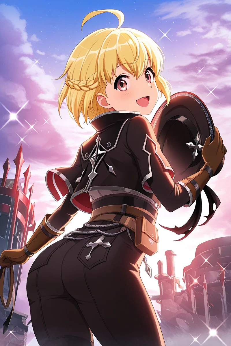 masterpiece, best quality, amazing quality,
<lora:Otori_IL:1> michiru, 1girl, solo, blonde hair, gloves, hat, ahoge, short hair, open mouth, smile, looking back, looking at viewer, sky, cloud, outdoors, holding hat, sparkle, brown gloves, from behind, helsing