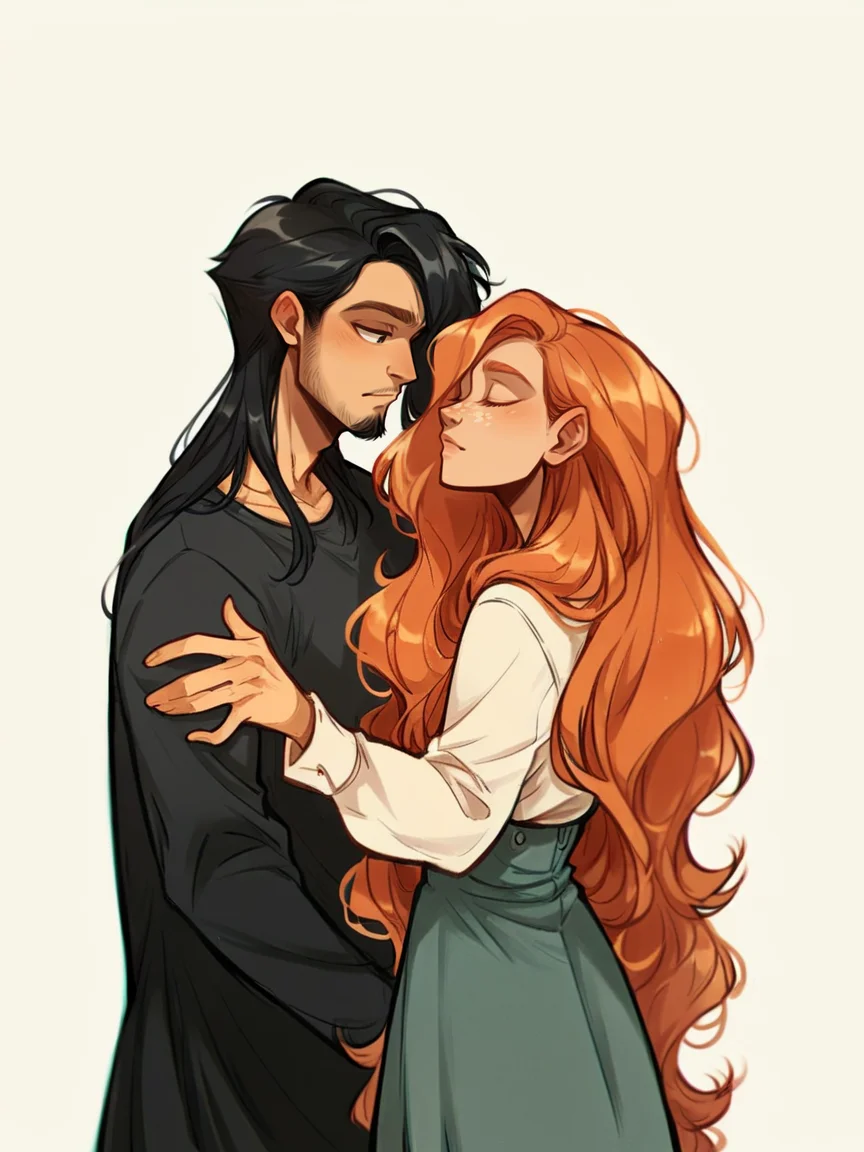 score_9, score_8_up, score_7_up, score_6_up, score_5_up, score_4_up, <lora:l414XLP3:0.8> l414, ginger hair 1girl, black hair 1boy, couple, (long hair:2.4), facial hair,