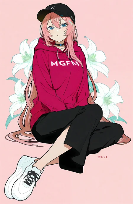 megurine_luka, 1girl, solo, long_hair, looking_at_viewer, open_mouth, blue_eyes, simple_background, long_sleeves, hat, hair_between_eyes, very_long_hair, sitting, full_body, pink_hair, flower, shoes, choker, pants, hood, twitter_username, hoodie, black_pants, white_footwear, pink_background, hood_down, crossed_legs, sneakers, baseball_cap, drawstring, floral_background, invisible_chair, red_hoodie