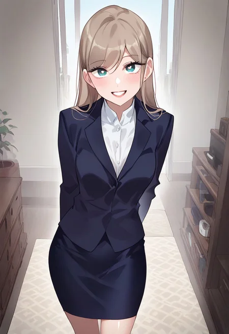 score_9, score_8_up, score_7_up, ASCII masterpiece, source_anime, BREAK, 1girl, solo, (( <lora:blonde_noona_(alice's_sensual_radio_-_story1):1> , blonde_noona_(alice's_sensual_radio_-_story1), thin waist, wide hips, beautiful skin, piercing aquamarine color eyes, clear eyes, bright pupils, beautiful eyes, beautiful blonde hair, beautiful long hair, bangs, huge and shaggy breasts, natural beauty, extraordinary beautiful woman, attractive woman, super sexy woman, lustful body, sexy woman with seductive obscene body, sensual body, voluptuous body, sexy beauty, no piercings, no piercing, )) , ((formal, high-collar white shirt under blue suit, sexy blue pencil skirt, )) , indoors, shiny clothes, shiny skin, night club, erotic bar, classy decorations, cowboy shot, from above, looking at viewer, hands behind back, (detailed face, detailed eyes), delicate features, soft lighting, seducative smile, cute and sexy, very detailed, high detailed texture, uncensored, rare view, makeup,