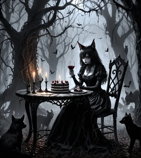 misunderstood creepy creature, dark gothic attire, a chocalate cake, table and chair inside eerie forest, plate, wine bottle, wine glass, candlelight, sitting alone feeling lonely, drinking a glass of wine, accompany by her furry animals, lots of tree vine, nighttime, sad expression, reaching out, detailed shadows, high contrast, hyper-realistic, gothic, moody, mystical atmosphere, intricate details, foggy background, melancholy, dark elegance, cinematic