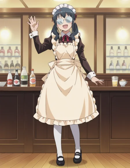 score_9, score_8_up, score_7_up, score_6_up, score_5_up, score_4_up, source_anime, anime screencap, BREAK 1girl, solo, indoors, cafe, full body, waving, open mouth, smiling,
 <lora:Makishima_Saori_Pony:1> makishima_saori, black hair, grey hair, saori_maid, black hair, grey hair, twintails, coke-bottle glasses, opaque glasses, apron, maid, maid headdress, white pantyhose, mary janes,