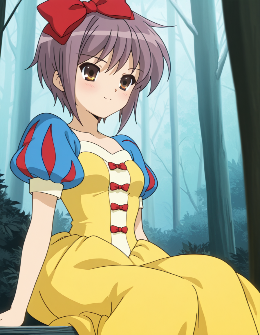 masterpiece, best quality, amazing quality,, <lora:yuki-nagato-s1-illustriousxl-lora-nochekaiser:1>, yuki nagato, nagato yuki, short hair, bangs, brown eyes, purple hair, mature female, small breasts, anime screencap, <lora:snow-white-cosplay-ponyxl-lora-nochekaiser:1>, snow white cosplay, snow white (disney) (cosplay), cosplay, dress, hair bow, puff and slash sleeves, puffy short sleeves, puffy sleeves, red bow, short sleeves, skirt, yellow skirt, yellow dress,, forest, sitting, smile, blush, apple,, cowboy shot,, , cowboy shot, solo