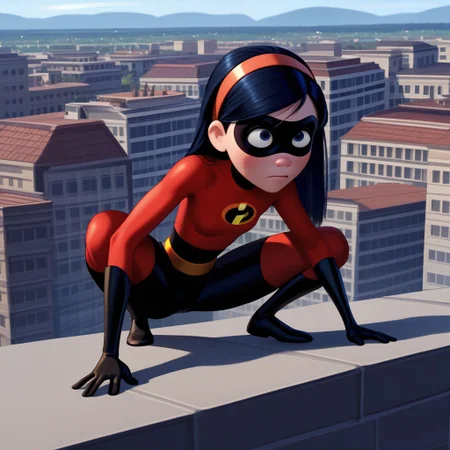 score_9, score_8_up, score_7_up, score_6_up, score_5_up, score_4_up, 1girl, VioletParr, superhero, long hair, headband, mask, crouching,rooftop,
