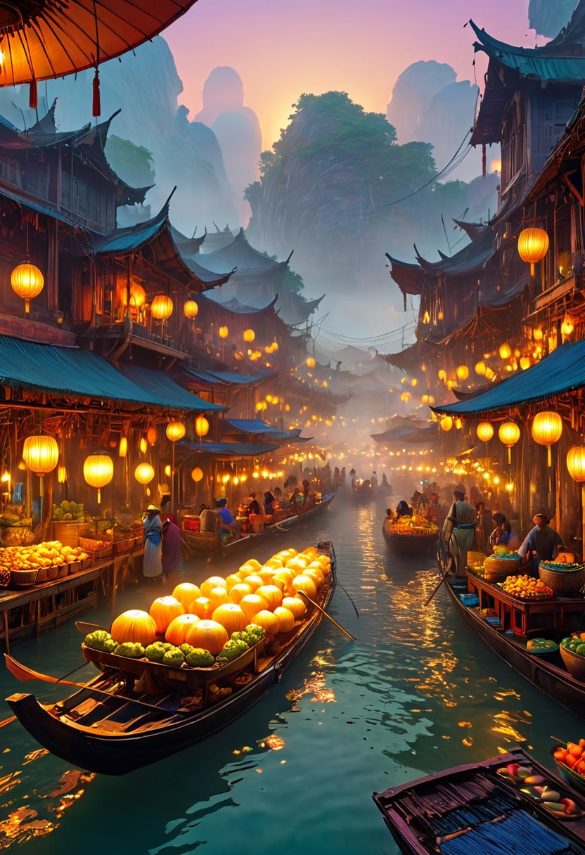 Floating market on Venus at dawn, masterpiece, fantasy, digital art, highly detailed, overall detail, atmospheric lighting, Awash in a haze of light leaks reminiscent of film photography,  awesome background, highly detailed styling,  studio photo, intricate details, highly detailed, cinematic,