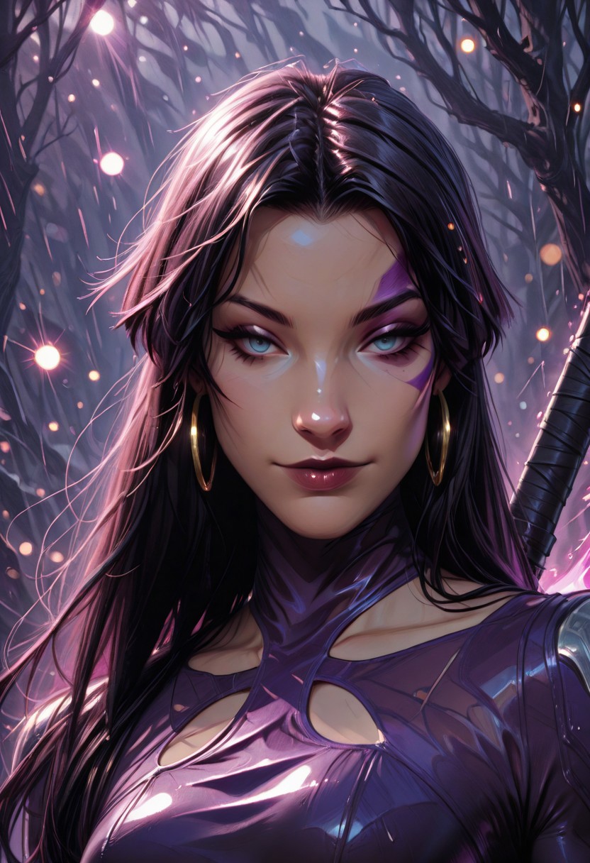 best quality, masterpiece, highly detailed, 
BREAK,
1girl. solo, psylocke_vengeance, blue eyes, black hair, straight hair, long hair, hoop earrings, jewelry, purple leotard, one side facepaint, weapon on back,  smirk, wet clothes, wet hair, wet scarf, 
BREAK,
face focus, close up, bokeh, raining, dark forest, valley background, violet mist, volumetric lighting, raytracing,