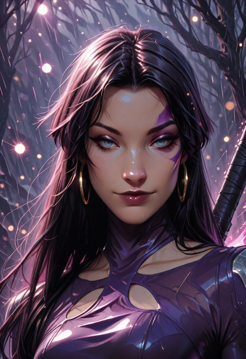 best quality, masterpiece, highly detailed,
BREAK,
1girl. solo, psylocke_vengeance, blue eyes, black hair, straight hair, long hair, hoop earrings, jewelry, purple leotard, one side facepaint, weapon on back, smirk, wet clothes, wet hair, wet scarf,
BREAK,
face focus, close up, bokeh, raining, dark forest, valley background, violet mist, volumetric lighting, raytracing,