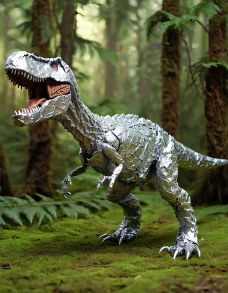 A fearsome Tyrannosaurus Rex, meticulously crafted from weathered and textured aluminum foil, emerges from a primeval jungle shrouded in verdant mist. Its colossal form, catching the dappled sunlight filtering through ancient ferns, reveals intricate hatching patterns mimicking the bark of colossal trees. In full body profile, the t-rex's powerful legs anchor it amidst the undergrowth, its massive tail trailing like a metallic river behind. From this side view, its razor-sharp teeth glint menacingly, hinting at the apex predator prowling this lost world. Though fashioned from humble aluminum, its presence commands respect and fear, a testament to the raw power that once ruled the earth.
<lora:TinFoilXL:1>
<lora:FILM_PHOTOGRAPHY_STYLE:.25>