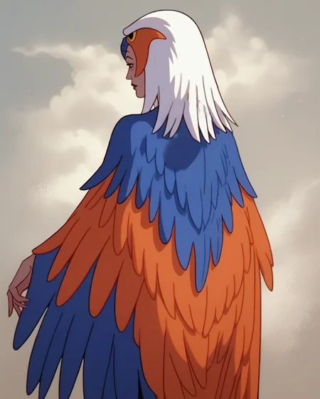 score_9, score_8_up, score_7_up, masterpiece,best quality,amazing quality, absurdres, source_cartoon, 1girl, solo, <lora:motu_sorc:1> motu_sorc, sorc, avian headdress, orange and blue feather cape, standing, view from rear