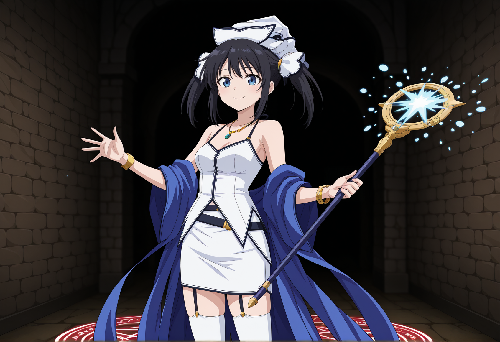 anime screencap, anime coloring,  1girl, black hair, blue eyes, twintails, sleeveless, hat, necklace, bracelet, skirt, off shoulders, stole, cowboy shot, white thighhighs, garter strap, indoors, dungeon, casting spell, holding staff, magic circle, smile <lora:atelier_iris_3_illus:1>, masterpiece, best quality, amazing quality, very aesthetic, absurdres, highres, newest
