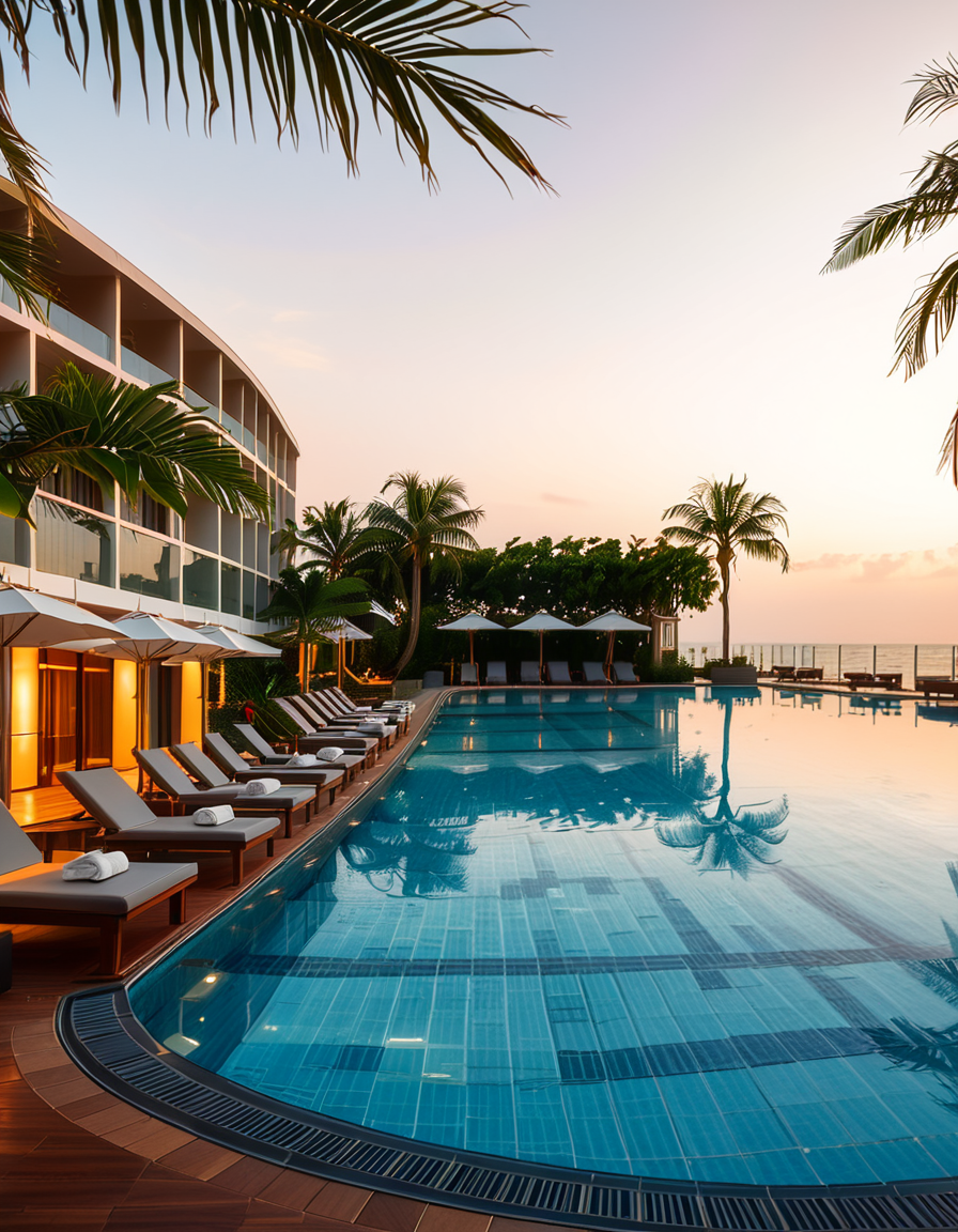 A luxurious hotel swimming pool at sunset, surrounded by elegant lounge chairs and palm trees. The crystal-clear water reflects the warm hues of the sky, creating a serene and inviting atmosphere. The pool has an infinity edge overlooking a breathtaking ocean view, with soft ambient lighting enhancing the tranquil mood. The surrounding area is immaculately maintained, with neatly arranged sunbeds, stylish umbrellas, and a sleek modern poolside bar in the background. The scene is captured in ultra-high resolution, with photorealistic details emphasizing the shimmering water, the textures of the pool tiles, and the gentle movement of palm leaves in the evening breeze.
<lora:SDXLFaeTastic2400:0.4> <lora:extremely_detailed:0.4> extremely detailed, <lora:hotel_sw1mm1ng_p00l:1>,hotel sw1mm1ng p00l, Masterpiece,best quality,hi res,8k,hi res,8k,award winning,(sharp focus, intricate, highly detailed),