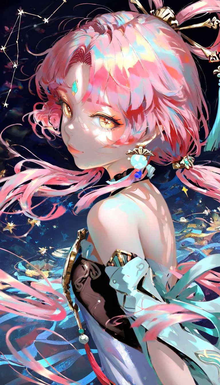 masterpiece, best quality, good quality, very aesthetic, absurdres, newest,wlop, fuxuan\(genshin impact\), 1girl, solo, forehead jewel, long hair, pink hair, hair ornament, bare shoulders, parted bangs, constellation, tassel, bow-shaped hair, dress, hair stick, looking at viewer, tassel hair ornament, parted lips, detached sleeves, jewelry, twintails, yellow eyes, low twintails, earrings, constellation print