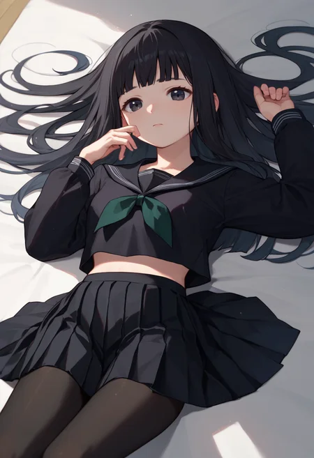 score_9, score_8_up, score_7_up, 1girl, Rinne, black hair, long hair, black eyes, black serafuku, long sleeves, green neckerchief, black skirt, black pantyhose, on back, <lora:Rinne new 7-000010:1>