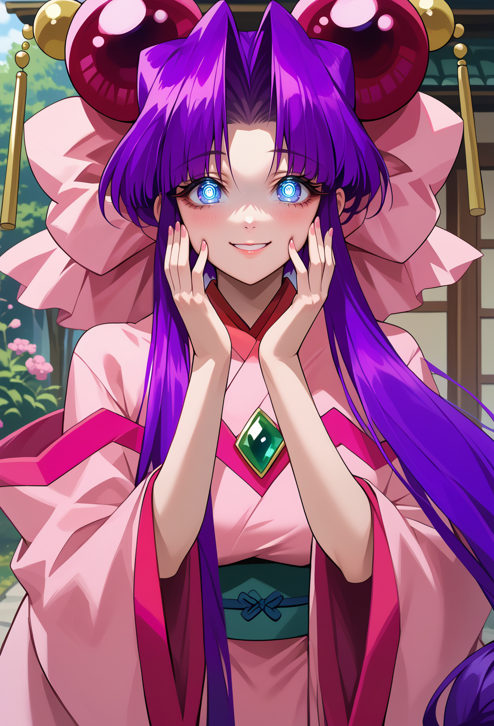 score_9, score_7_up, source_anime, BREAK  <lora:AECherry-000009:1> AECherry, blue eyes, purple hair, very long hair, low-tied long hair, hair bow, hair ornament, huge bow, pink bow, gem, japanese clothes, kimono, long sleeves, wide sleeves, pink dress, pink kimono, wide sleeves, off-shoulder dress,
smile, hands on own cheeks, yandere trance,  yandere, glowing eyes,