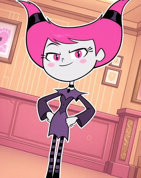 jinx_(Teen_Titans_Go!), 1girl, solo, full_body, pale-white skin, pink cheeks, long eyelashes, thin cat-like pupils, pink hair, horn-shaped pigtails, purple gothic dress, black and purple-striped stockings, black and purple boots, (smile, dutch angle, Hands on hips,naughty pose, looking at viewer, indoors, elegant room, solo, dynamic pose, head tilt,),((White frame, white outline))