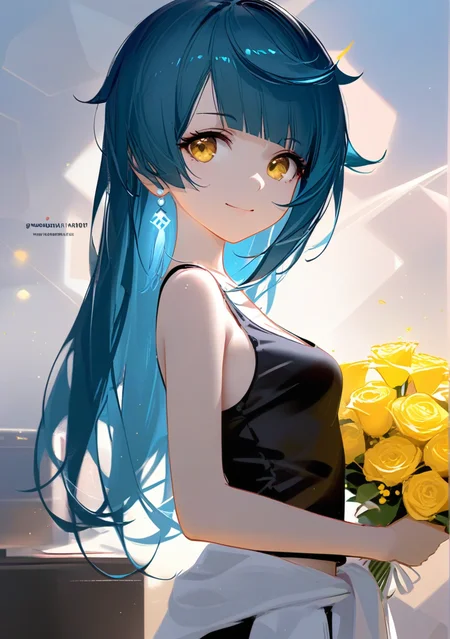 1girl,(xingqiu \(genshin impact\):0.8),(genderswap \(mtf\):1.2),blue hair,yellow eyes,(long hair:1.1),earrings,small breasts,closed mouth,facing viewer,happy,holding,holding bouquet,light smile,looking back,solo,standing,asymmetrical clothes,cleavage,clothes around waist,detached pants,headwear removed,helmet,helmet removed,sleeveless,tank top,english text,glowing,hexagon,light particles,
masterpiece,best quality,absurdres,misaki_kurehito,<lora:OC-a31-xingqiu-girl-v3:1>,(wlop,as109:0.5),(tianliang duohe fangdongye:0.7),<lora:a31_style_koni:1>,