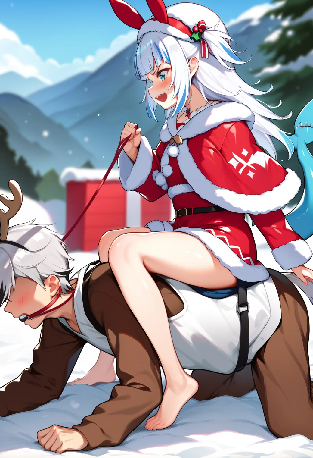 <lora:pony_ride_ponyxl_v7:1>, girl on top, piggyback riding, from side, all fours, femdom, human chair, sitting on person, 1boy, 1girl, barefoot, blue eyes, blue hair, santa costume, reindeer costume, christmas, blue sky, blunt bangs, blush, cloudy sky, day, from side, grass, hair ornament, multicolored hair, open mouth, outdoors, profile, shark girl, shark tail, silver hair, sleeveless, streaked hair, virtual youtuber, gawr gura, blurry background, mountainous horizon, holding leash, holding reins, angry, looking down, looking at another, faceless male, snow, gagged, leash, choker,
BREAK
score_9, score_8_up, score_7_up, score_6_up, anime coloring
