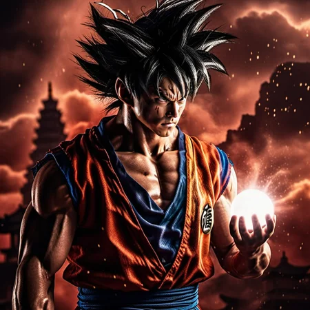 Goku1024 ,  a man dressed in red, casting a powerfull spell, dramatic ball lightning from hands, dragon background, ancient chinese temple, highly detailed, photography, ultra sharp, film, bokeh, professional, 64k  <lora:Goku1024:0.8>