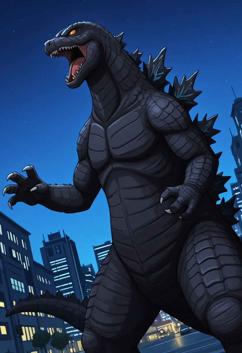 source_anime, anime_screencap, valbun, masterpiece, dutch angle, cowboy shot, best quality, highly detailed, ultra high quality, masterpiece, high res,2d, Godzilla, sharp teeth, monster, orange eyes, claws, tail, giant, city, closed mouth, open mouth, night, no humans, anime screencap, anime coloring, DirtyMonkeyQuiron