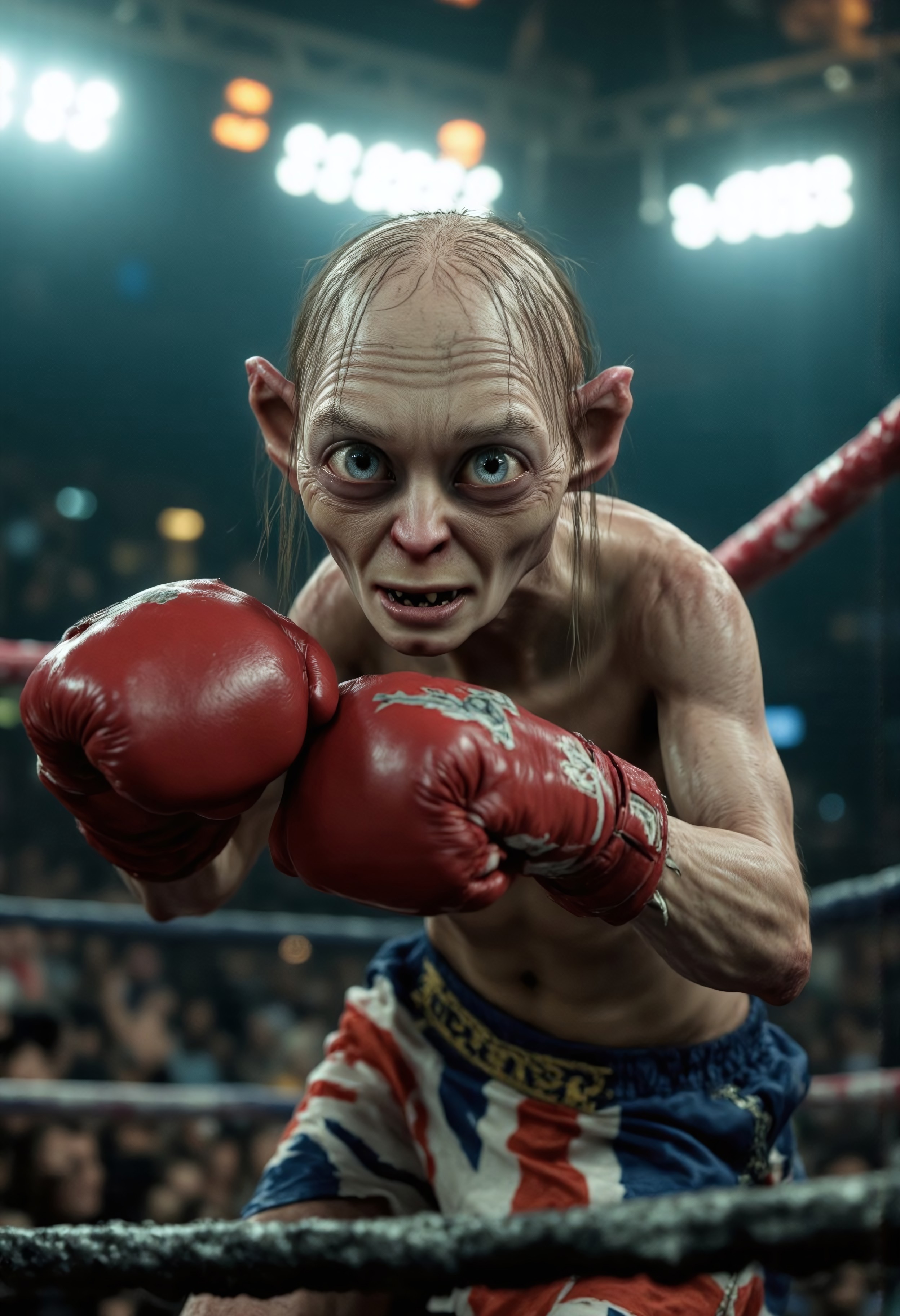 A photorealistic image of a very skinny Smeagol from "The Lord of the Rings," standing in a professional boxing ring. The focus is up close, capturing his wiry frame and sharp features. He is wearing boxing shorts patterned with the Great Britain flag and red boxing gloves. His hands are raised in a fighting stance, carefully covering his torso to maintain a PG-appropriate look. The scene is dynamic and intense, with bright arena lights highlighting every detail, from the glisten of sweat on his skin to the texture of the boxing gloves. Behind him, the blurred excitement of a cheering crowd and a large Jumbotron display add depth and energy to the composition